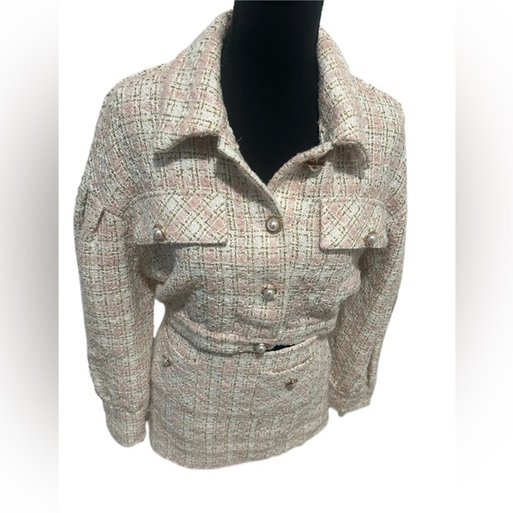 Jackets & Blazers - Elegant Cream and pink Tweed Women's Jacket and mini Skirt